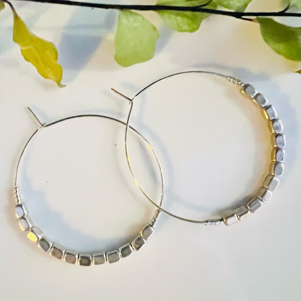 Anthropologie Silver Beaded Hoop Earrings